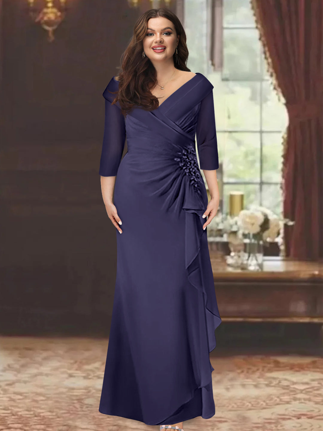 Plus Size Long V Neck Sheath Mother of the Bride Dress with Ruffles and Appliques