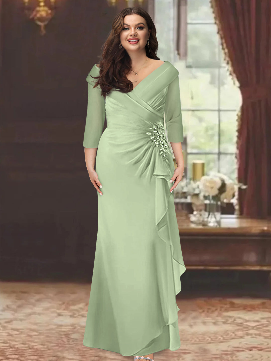 Plus Size Long V Neck Sheath Mother of the Bride Dress with Ruffles and Appliques