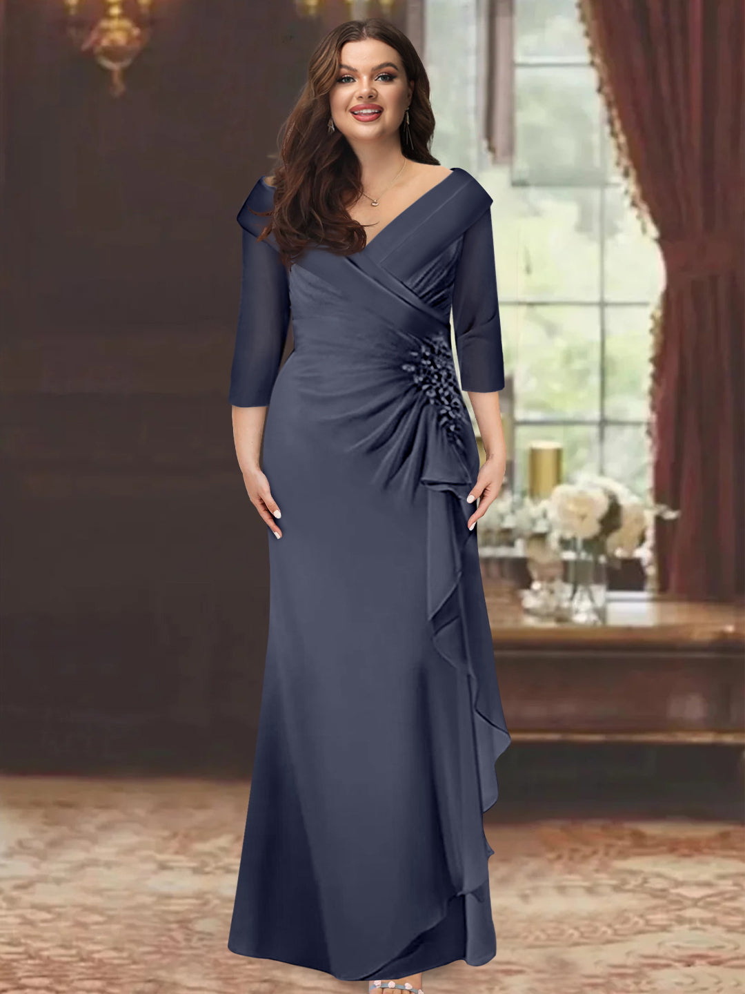 Plus Size Long V Neck Sheath Mother of the Bride Dress with Ruffles and Appliques