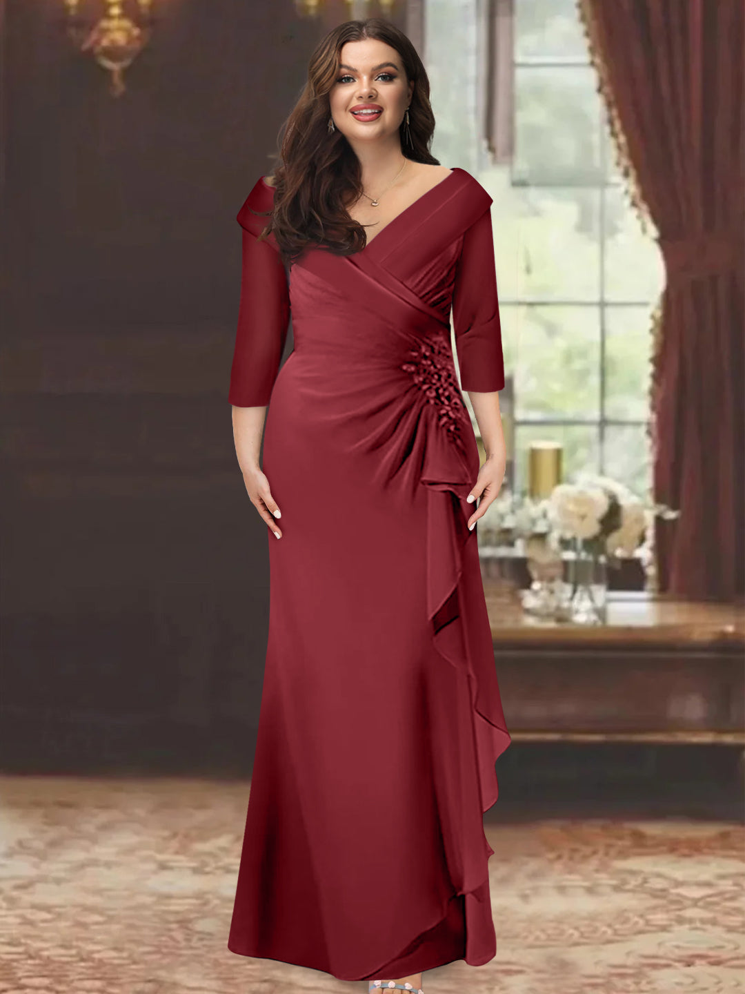 Plus Size Long V Neck Sheath Mother of the Bride Dress with Ruffles and Appliques
