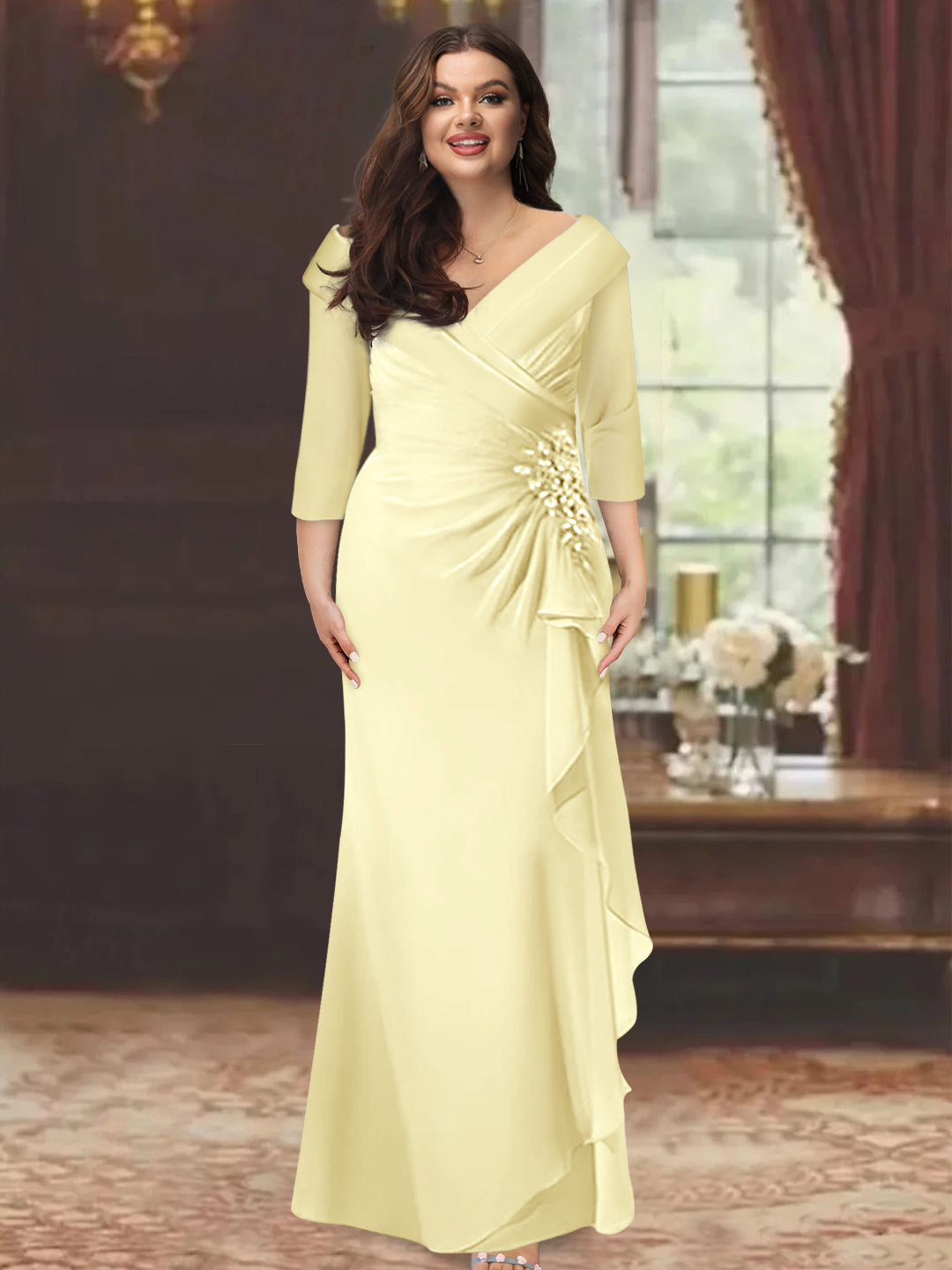 Plus Size Long V Neck Sheath Mother of the Bride Dress with Ruffles and Appliques