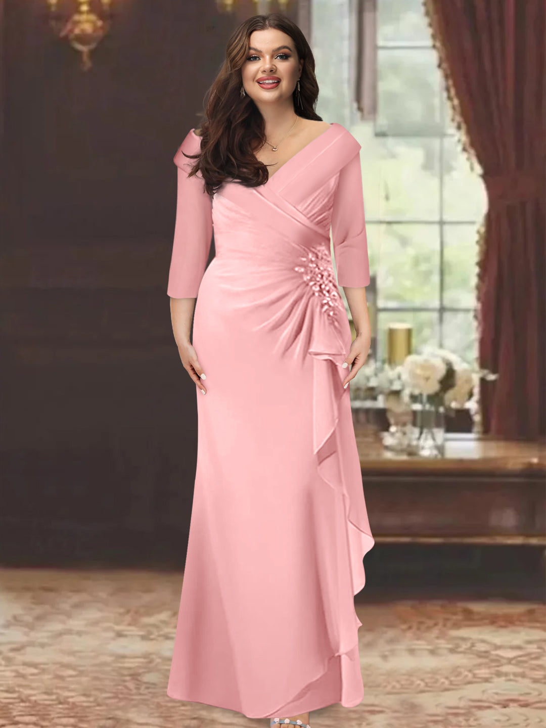 Plus Size Long V Neck Sheath Mother of the Bride Dress with Ruffles and Appliques