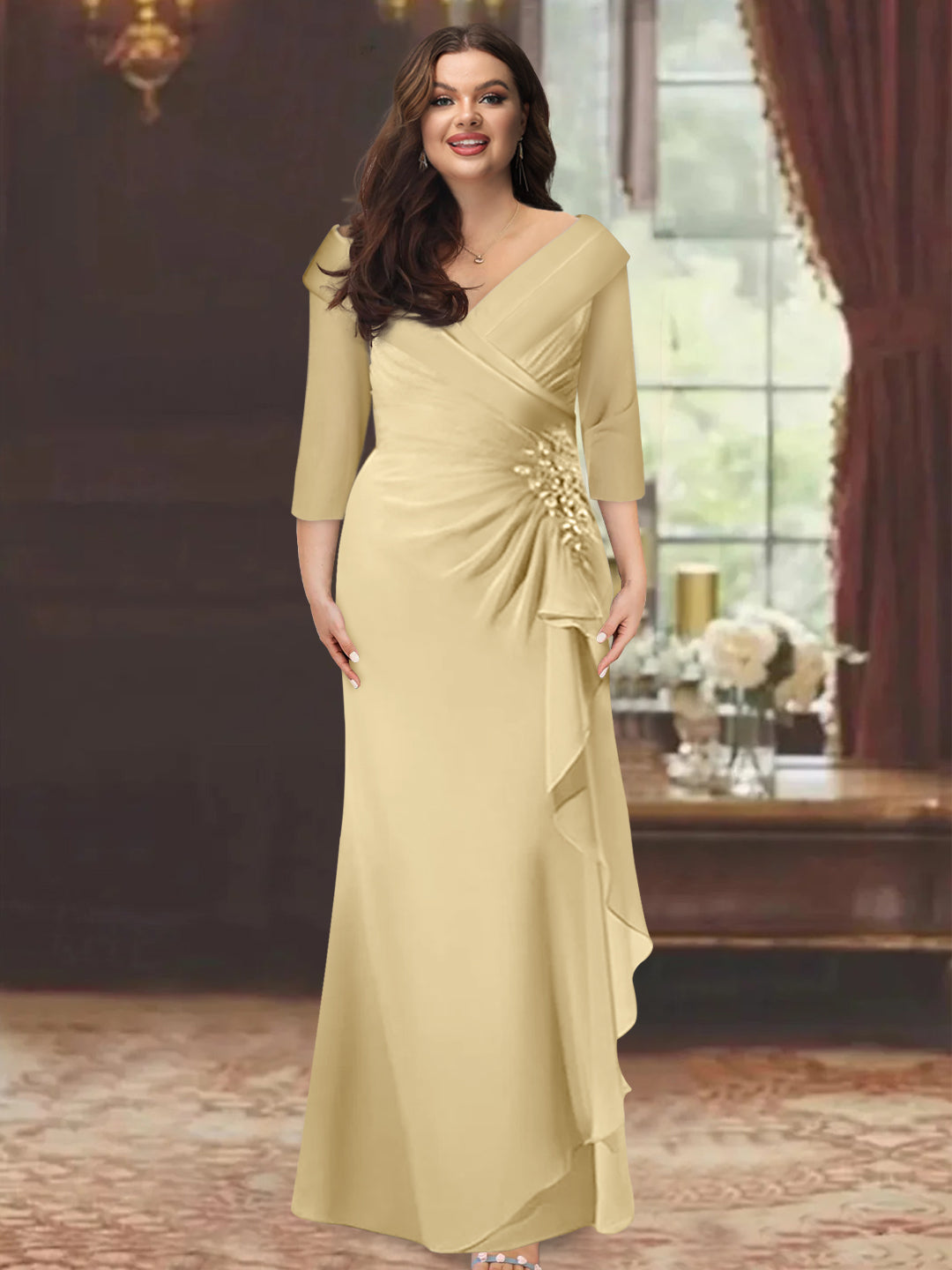 Plus Size Long V Neck Sheath Mother of the Bride Dress with Ruffles and Appliques