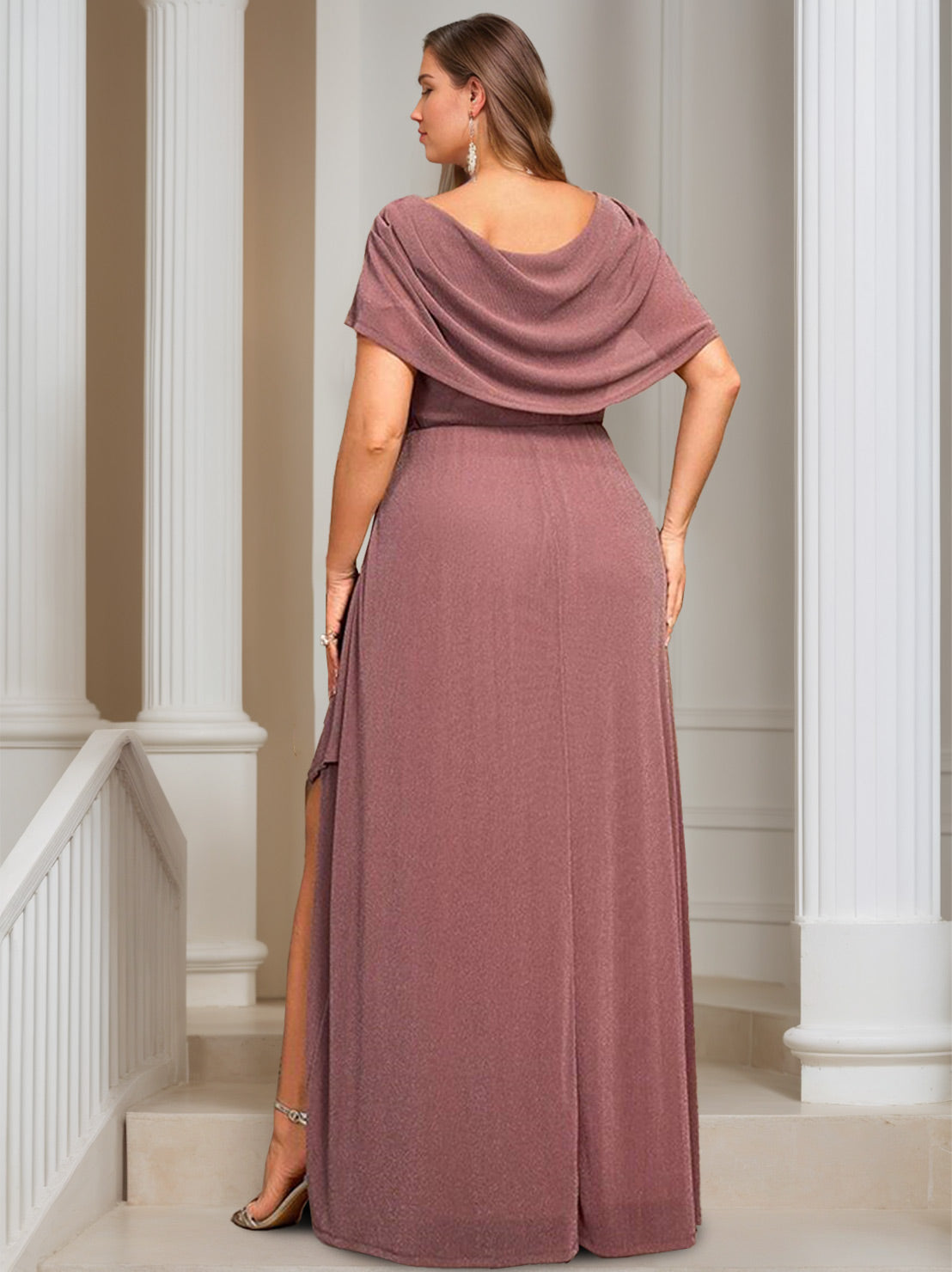 Plus Size Long Mother of the Bride A Line Dress with Scoop Neck Short Sleeves Ruffles & Sequins