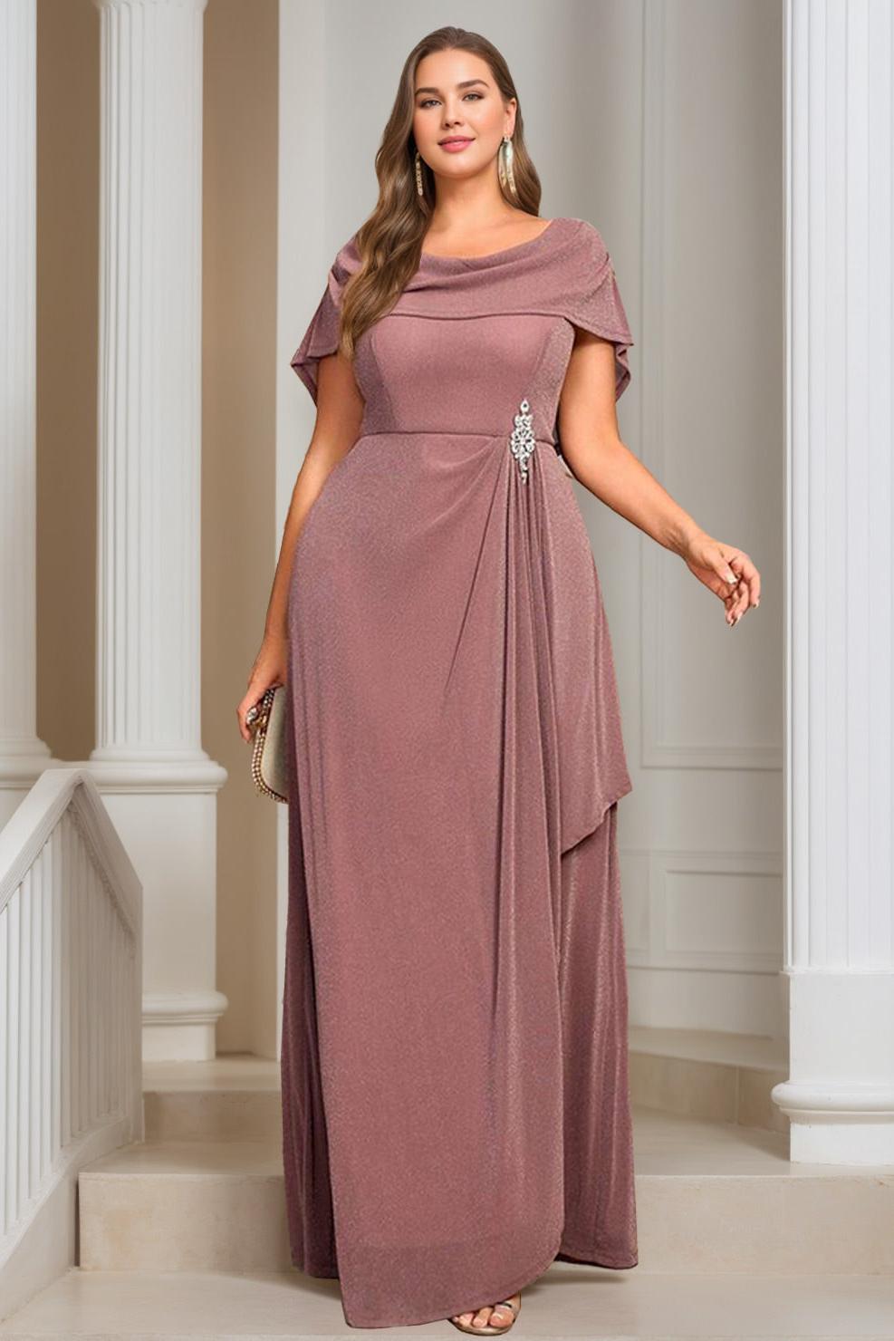 Plus Size Long Mother of the Bride A Line Dress with Scoop Neck Short Sleeves Ruffles & Sequins