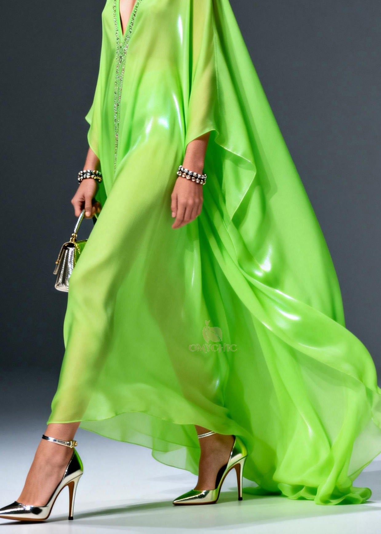 Plus Size Fluorescent Green V Neck Zircon Chiffon Long Dress Spring