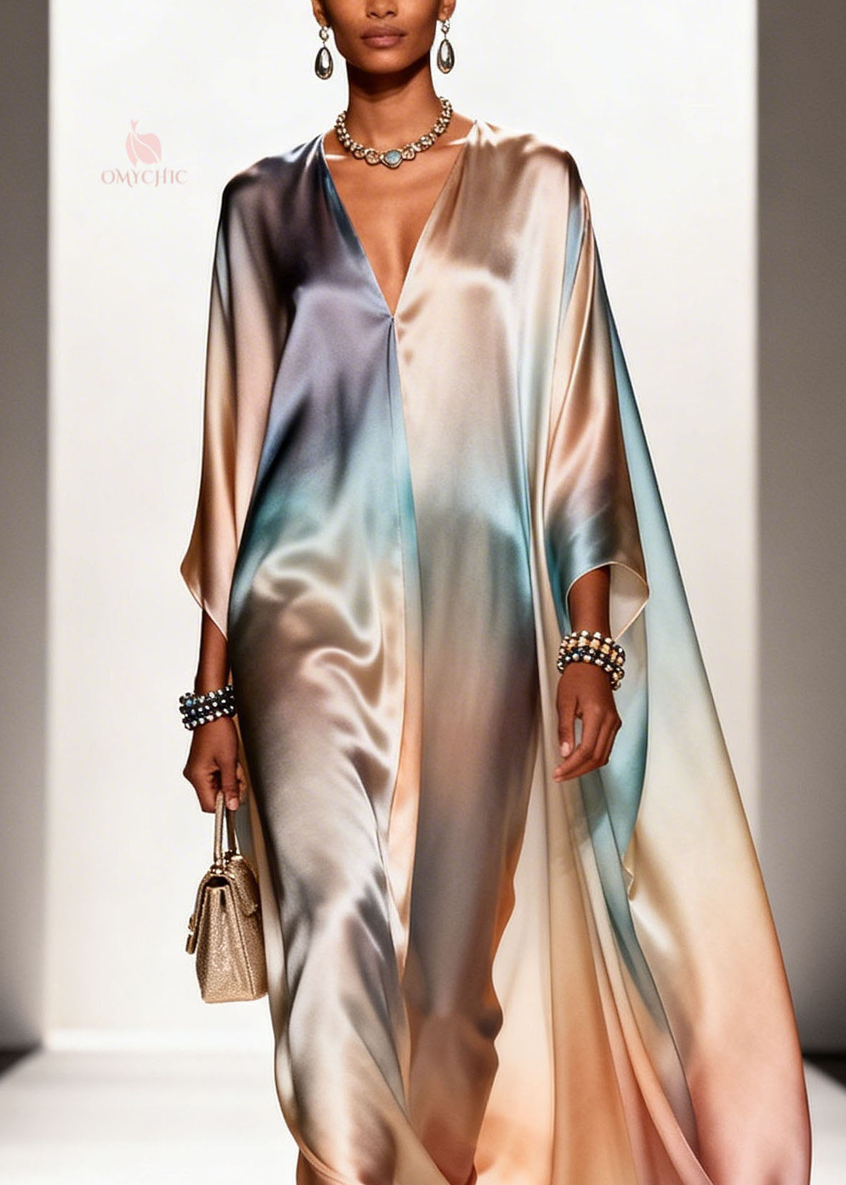 Plus Size Gradient Color V Neck Chiffon Long Dress Spring