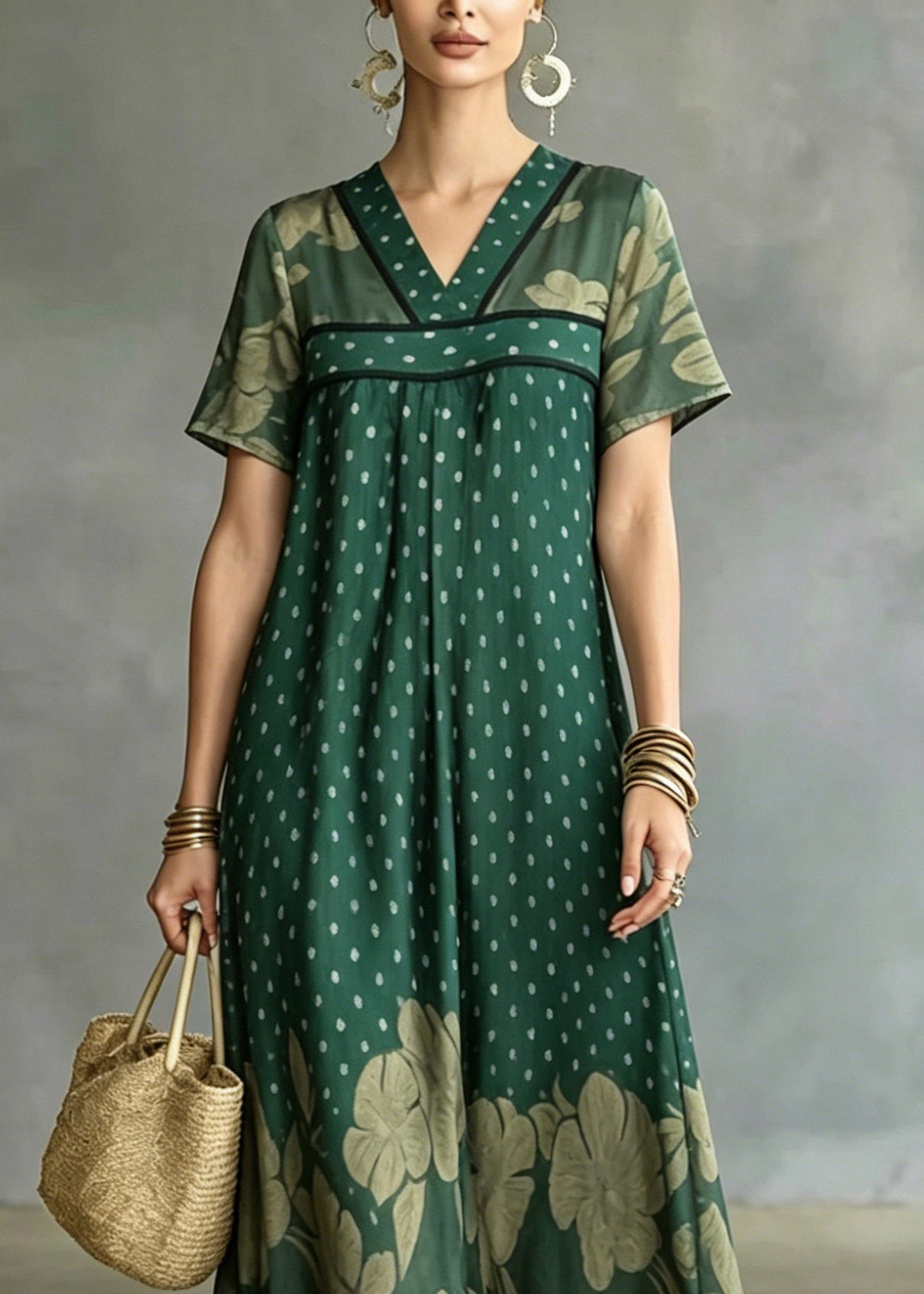 Plus Size Green V Neck Patchwork Ice Silk Long Dress Short Sleeve