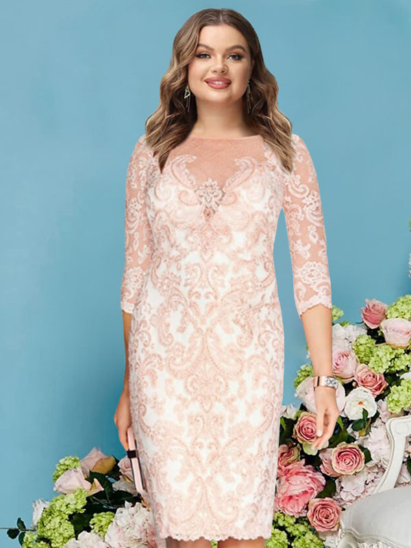 Plus Size Knee Length Mother of the Bride Dress with Lace Beading Appliques and Long Sleeves