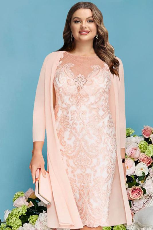 Plus Size Knee Length Mother of the Bride Dress with Lace Beading Appliques and Long Sleeves