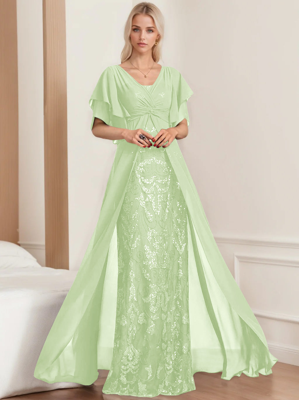 Plus Size Mother of the Bride A Line Long Dress with V Neck and Half Sleeves