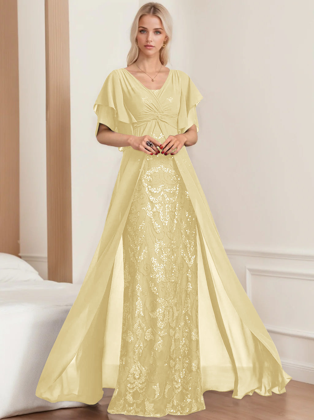 Plus Size Mother of the Bride A Line Long Dress with V Neck and Half Sleeves