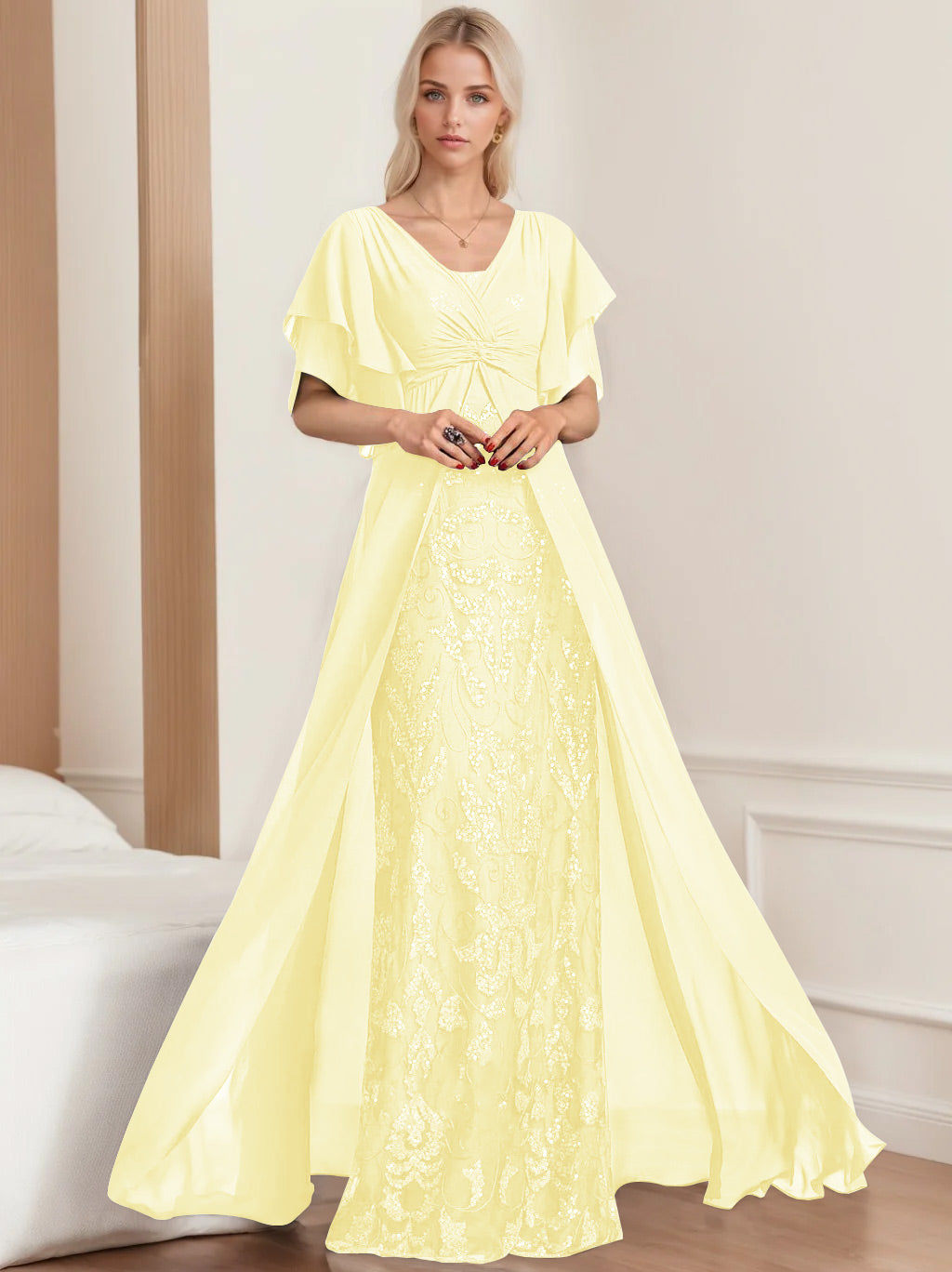 Plus Size Mother of the Bride A Line Long Dress with V Neck and Half Sleeves