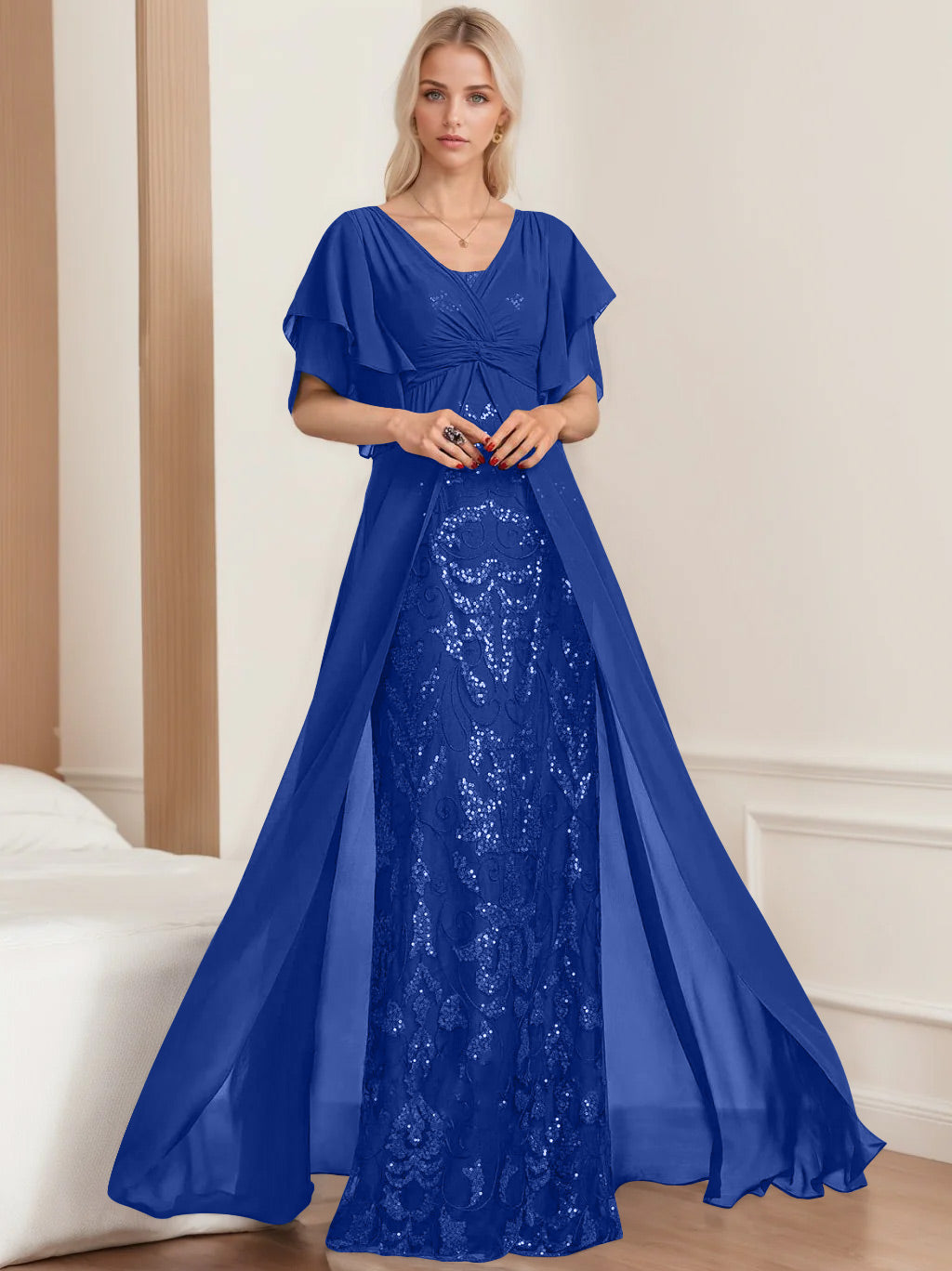 Plus Size Mother of the Bride A Line Long Dress with V Neck and Half Sleeves