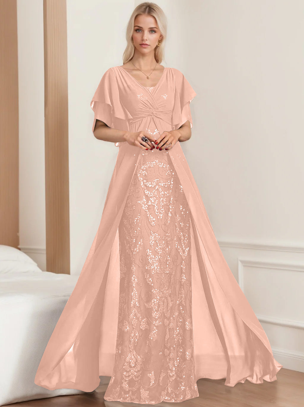 Plus Size Mother of the Bride A Line Long Dress with V Neck and Half Sleeves