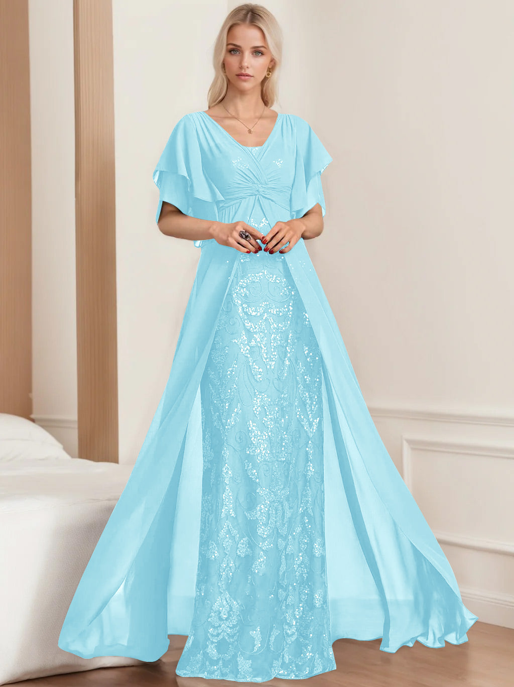 Plus Size Mother of the Bride A Line Long Dress with V Neck and Half Sleeves