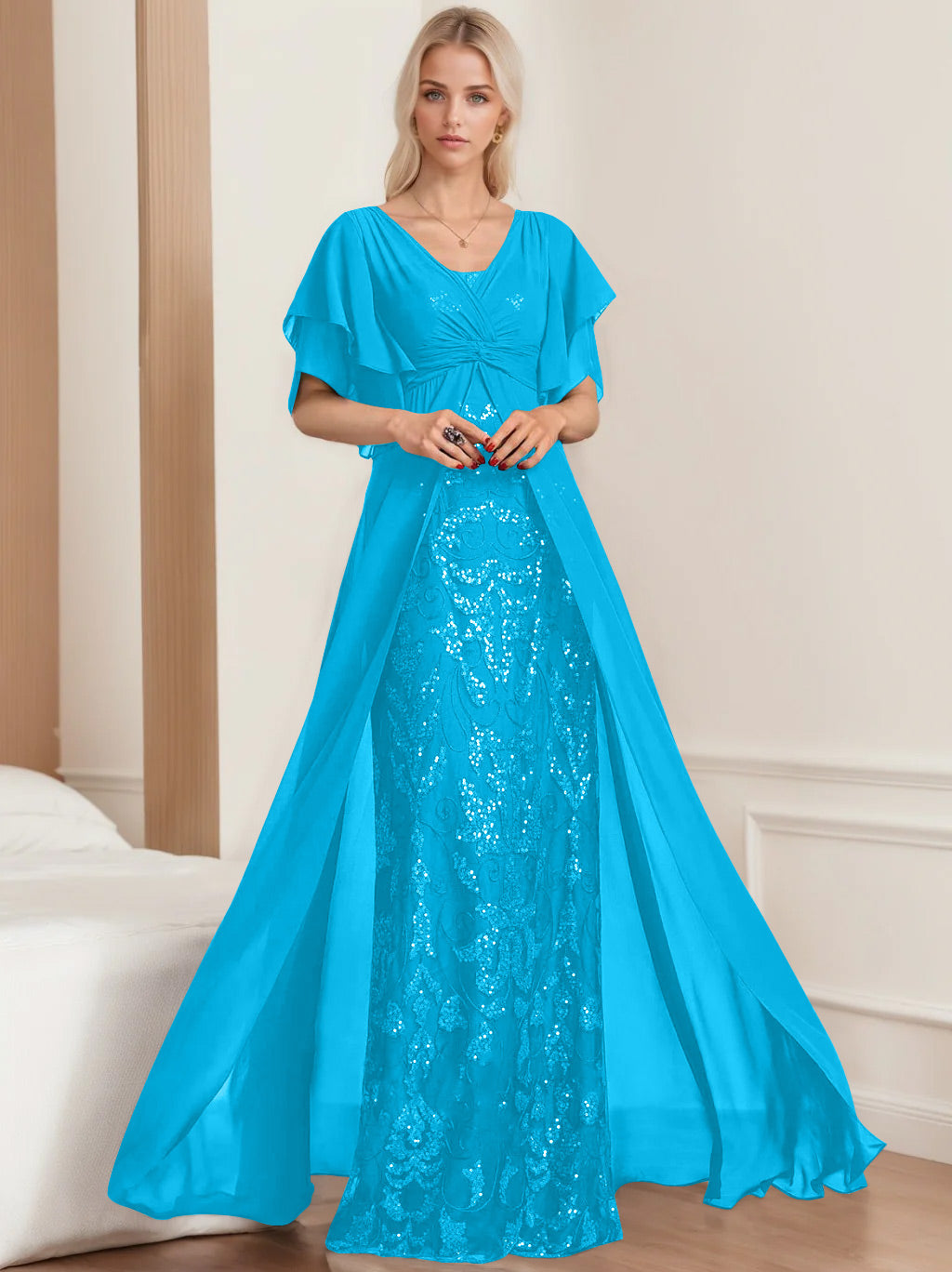 Plus Size Mother of the Bride A Line Long Dress with V Neck and Half Sleeves