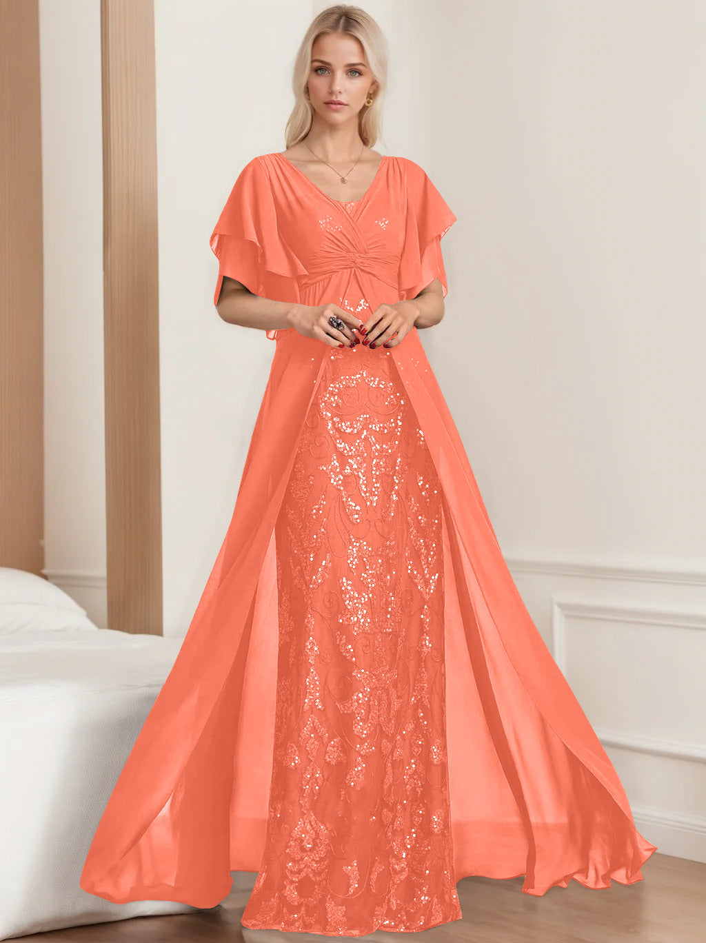 Plus Size Mother of the Bride A Line Long Dress with V Neck and Half Sleeves