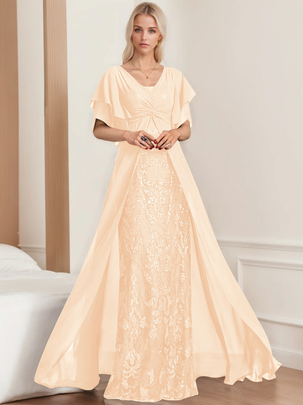 Plus Size Mother of the Bride A Line Long Dress with V Neck and Half Sleeves