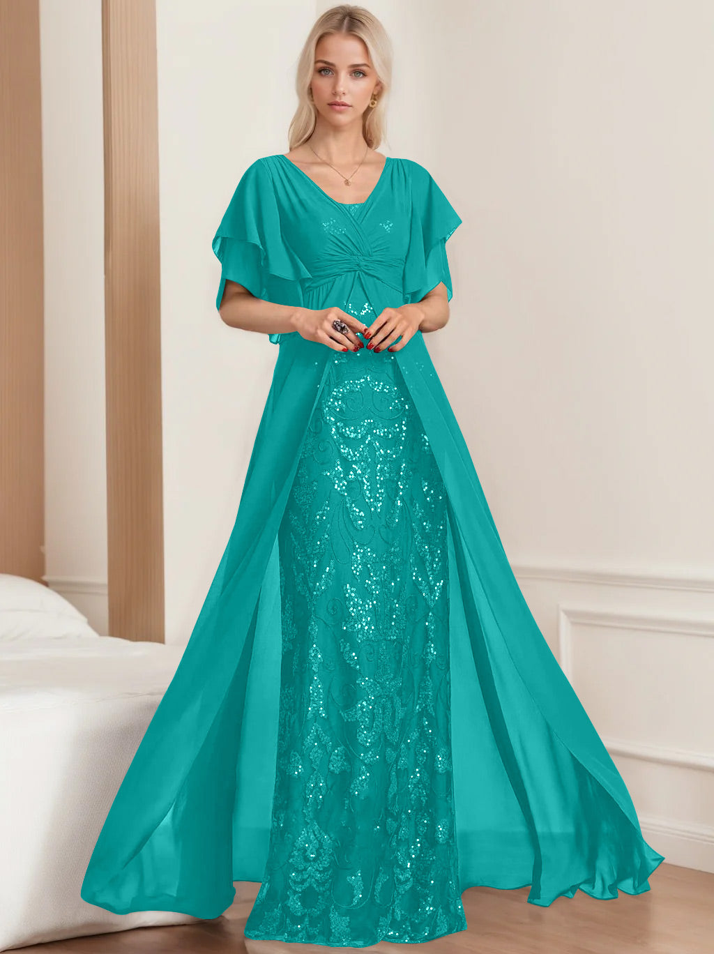 Plus Size Mother of the Bride A Line Long Dress with V Neck and Half Sleeves