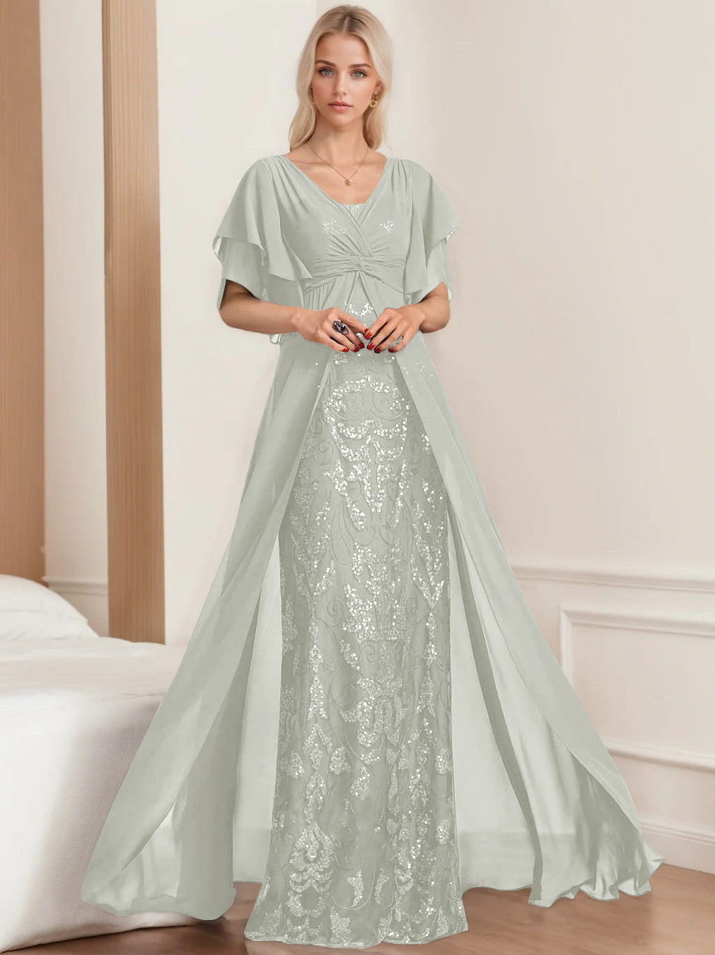 Plus Size Mother of the Bride A Line Long Dress with V Neck and Half Sleeves