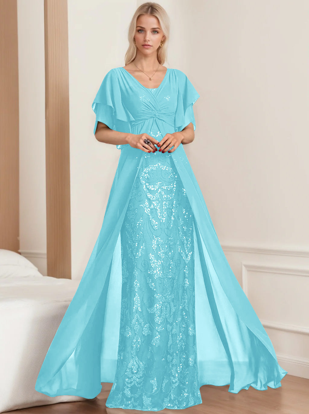 Plus Size Mother of the Bride A Line Long Dress with V Neck and Half Sleeves