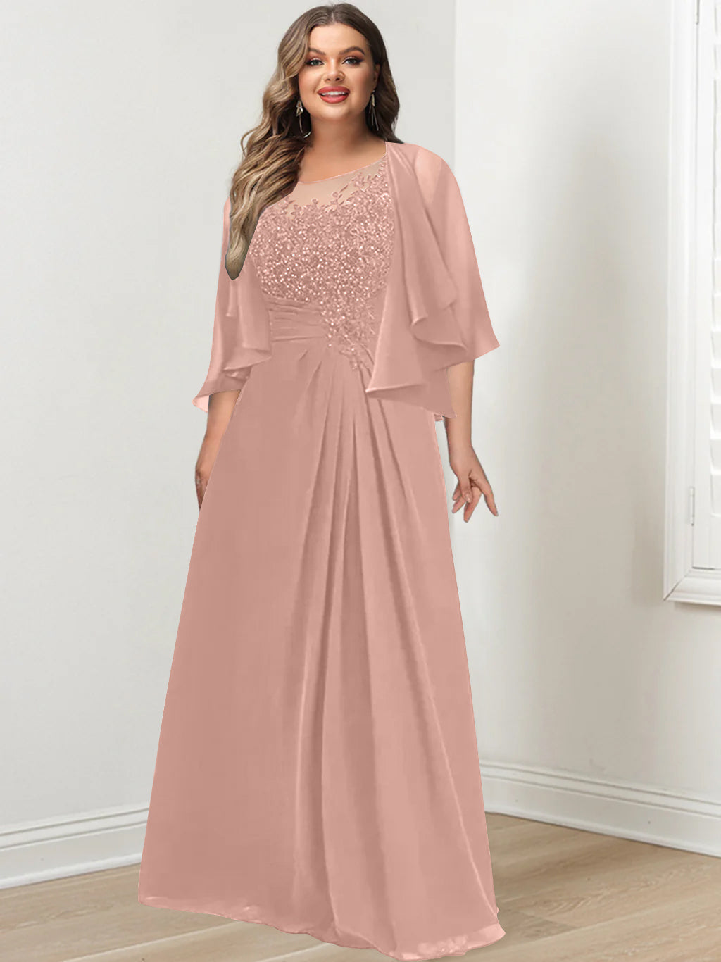 Plus Size Mother of the Bride A Line Scoop Long Dress with Pleated & Sequins