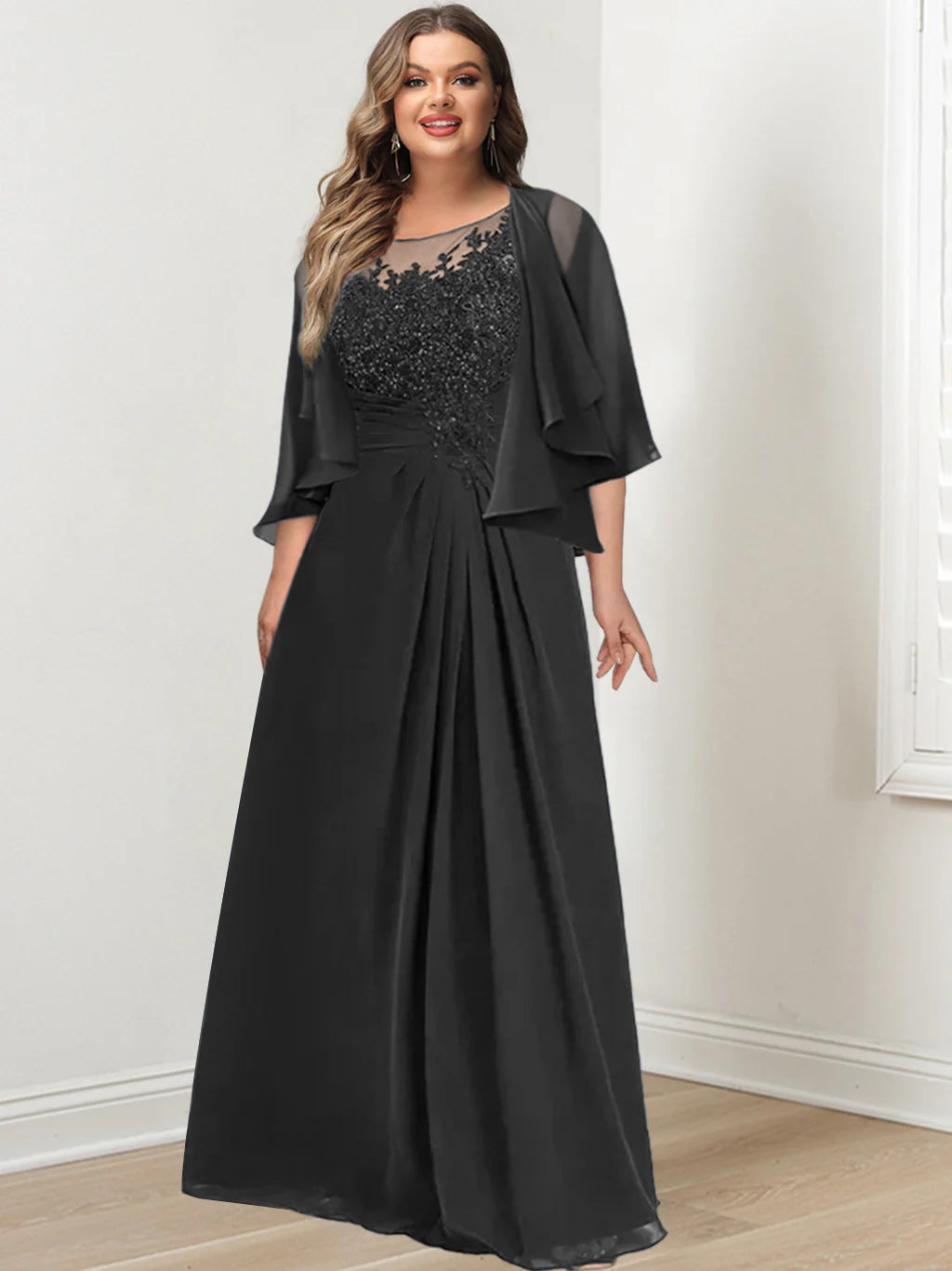 Plus Size Mother of the Bride A Line Scoop Long Dress with Pleated & Sequins
