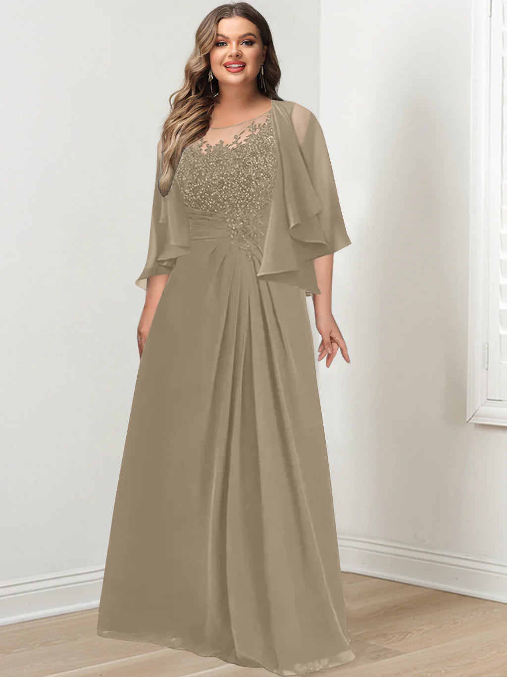 Plus Size Mother of the Bride A Line Scoop Long Dress with Pleated & Sequins