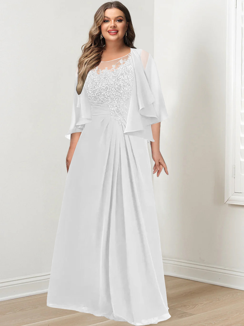 Plus Size Mother of the Bride A Line Scoop Long Dress with Pleated & Sequins