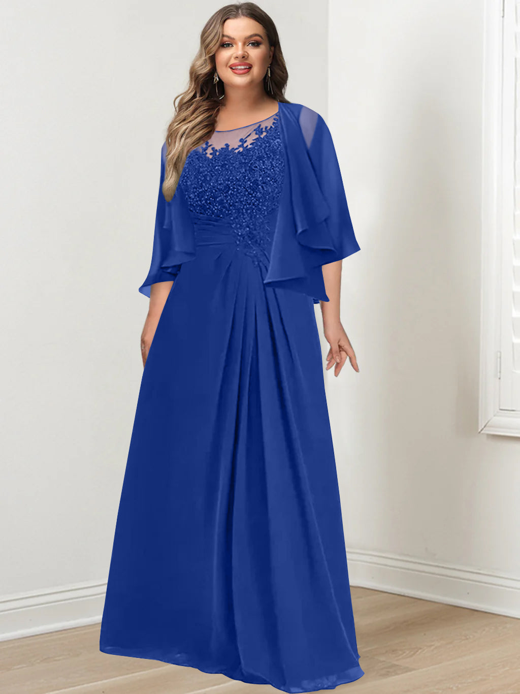Plus Size Mother of the Bride A Line Scoop Long Dress with Pleated & Sequins
