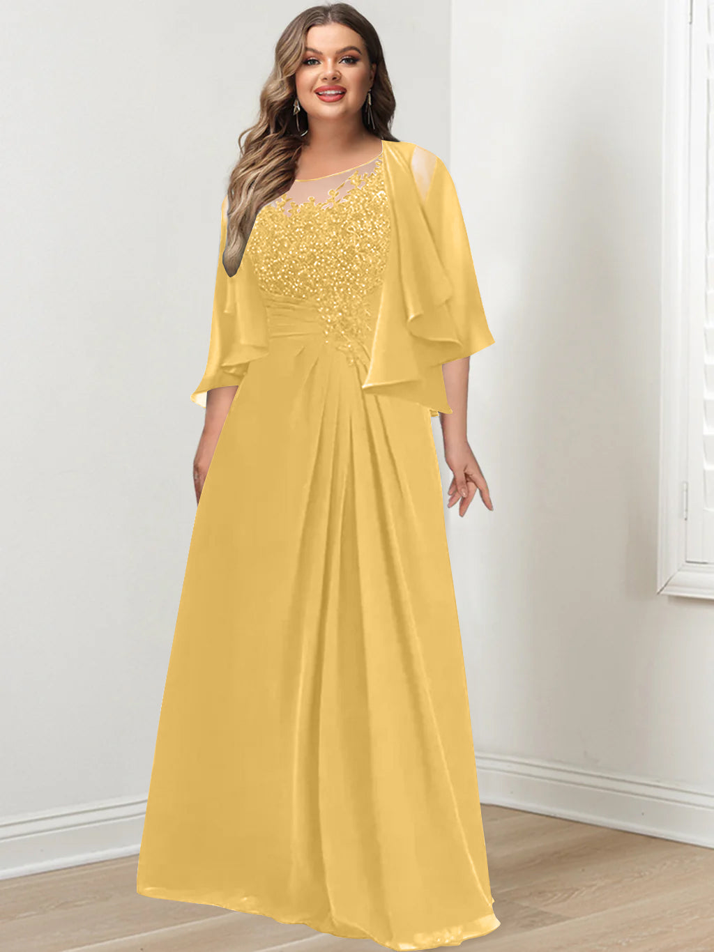 Plus Size Mother of the Bride A Line Scoop Long Dress with Pleated & Sequins