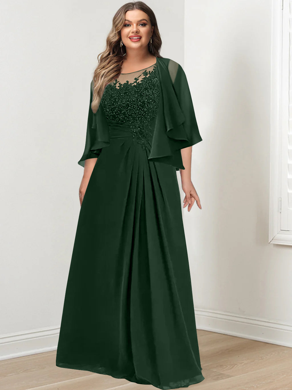 Plus Size Mother of the Bride A Line Scoop Long Dress with Pleated & Sequins