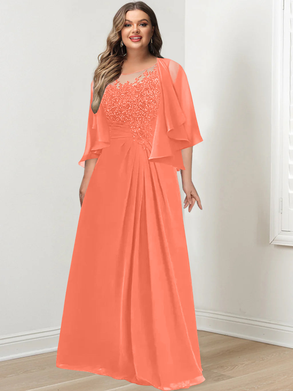 Plus Size Mother of the Bride A Line Scoop Long Dress with Pleated & Sequins