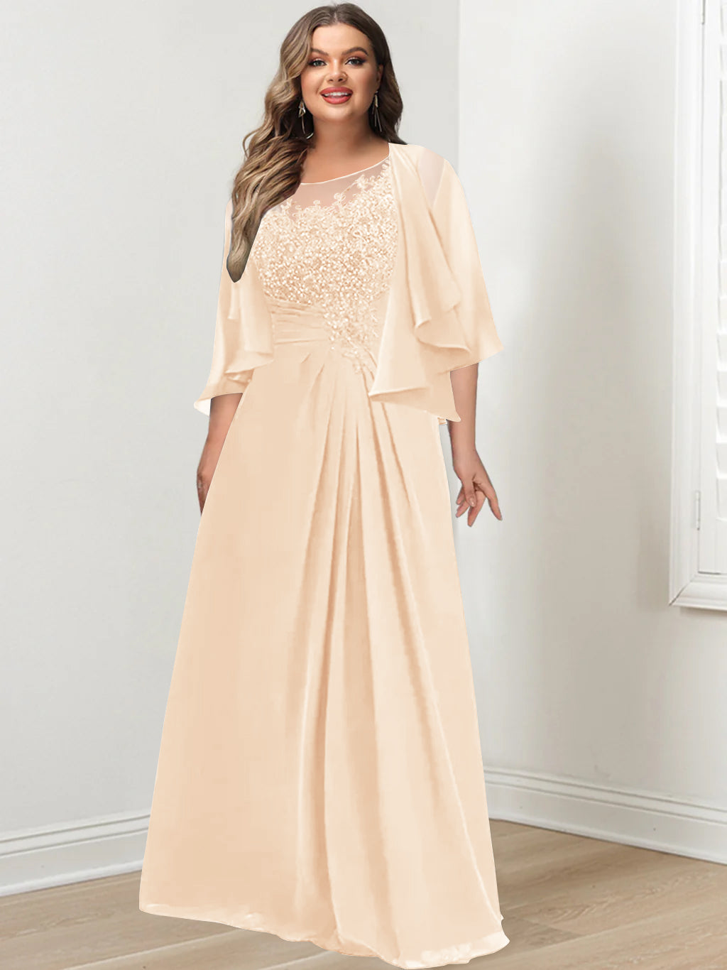 Plus Size Mother of the Bride A Line Scoop Long Dress with Pleated & Sequins