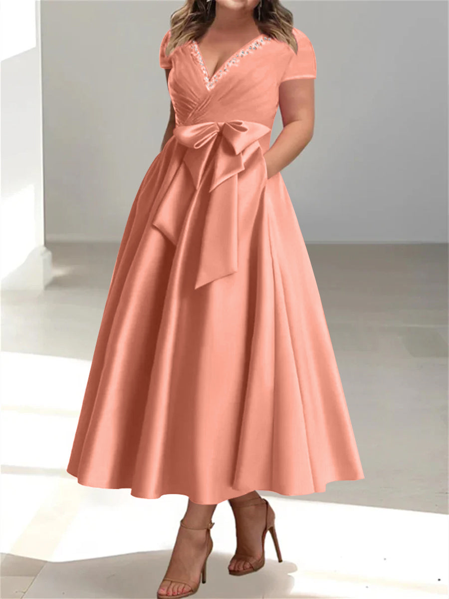 Plus Size Mother of the Bride A Line V Neck Dress with Pockets and Ruffles