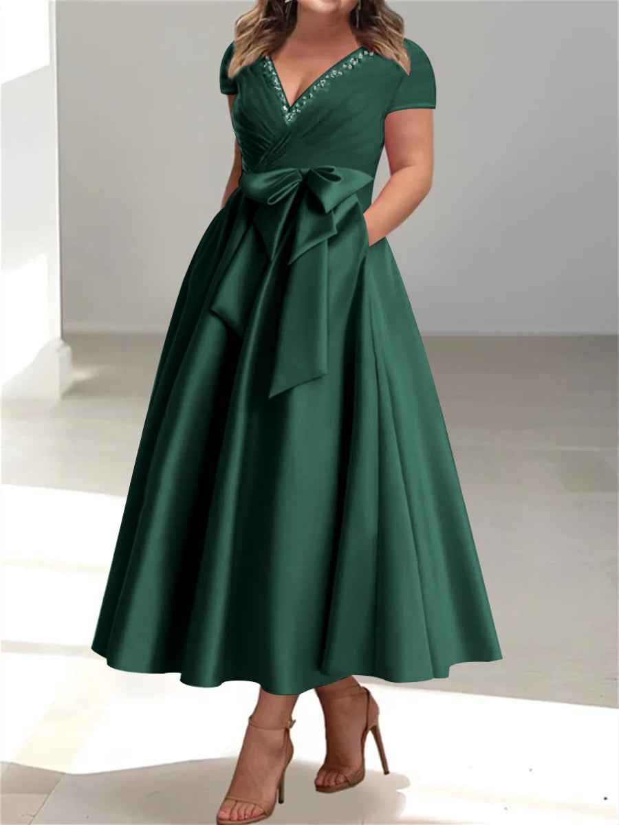 Plus Size Mother of the Bride A Line V Neck Dress with Pockets and Ruffles
