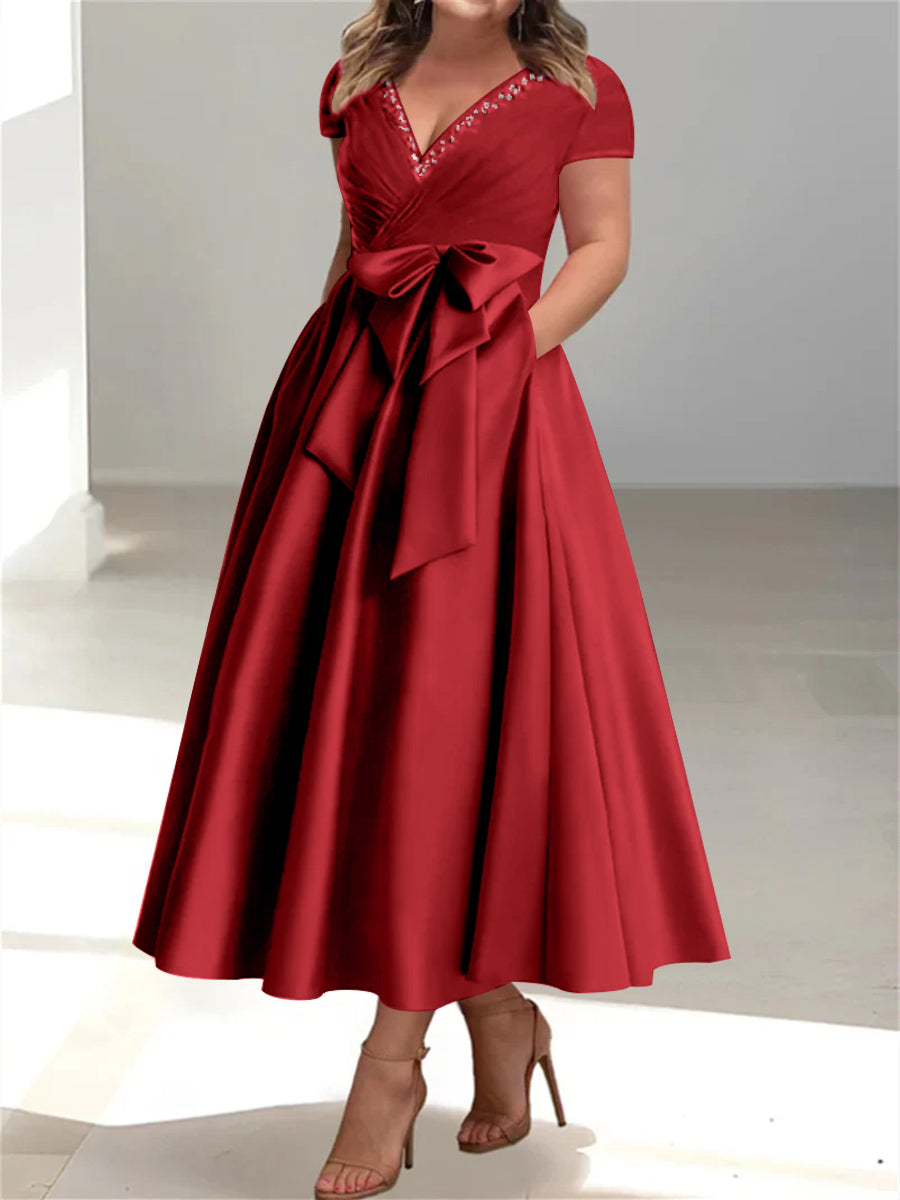 Plus Size Mother of the Bride A Line V Neck Dress with Pockets and Ruffles