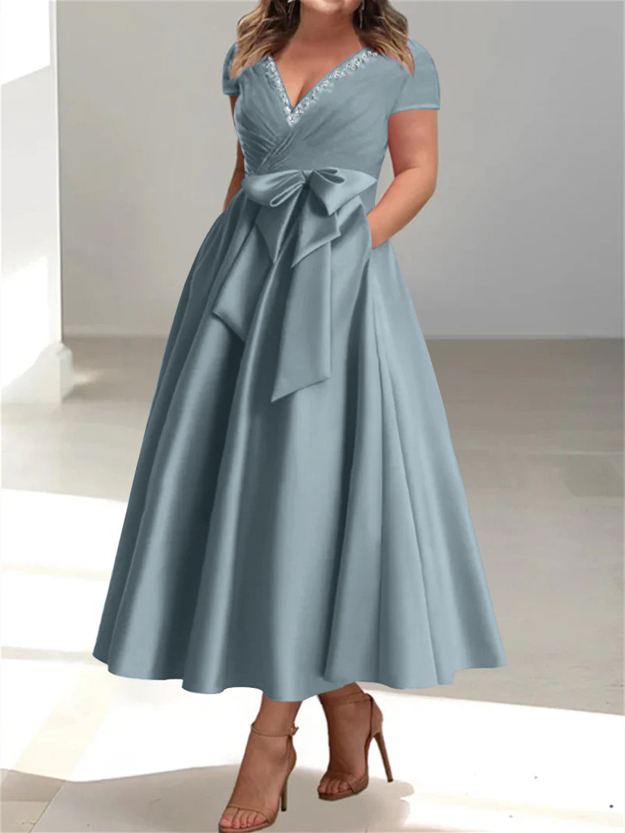 Plus Size Mother of the Bride A Line V Neck Dress with Pockets and Ruffles