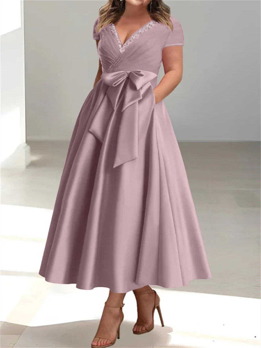 Plus Size Mother of the Bride A Line V Neck Dress with Pockets and Ruffles