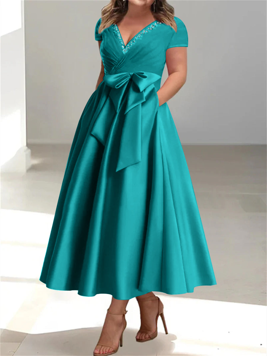 Plus Size Mother of the Bride A Line V Neck Dress with Pockets and Ruffles
