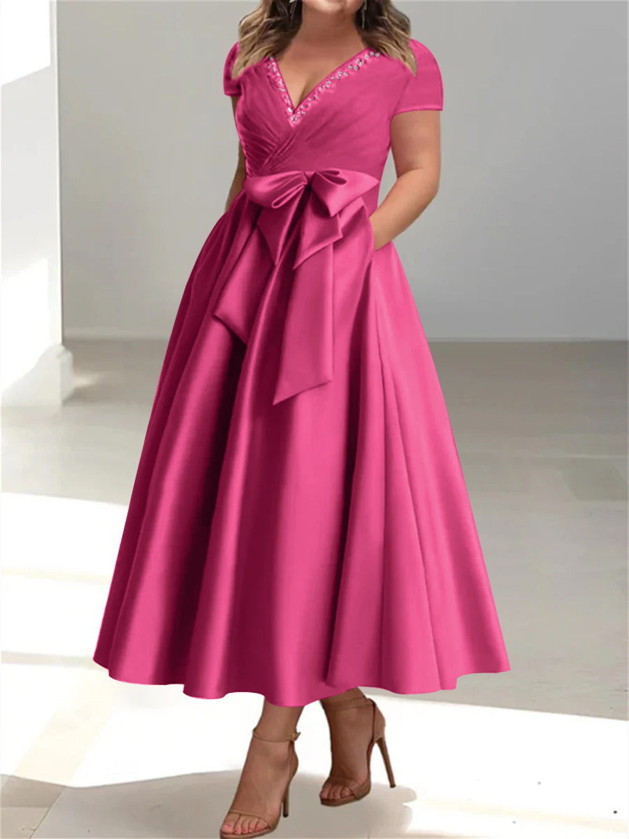 Plus Size Mother of the Bride A Line V Neck Dress with Pockets and Ruffles