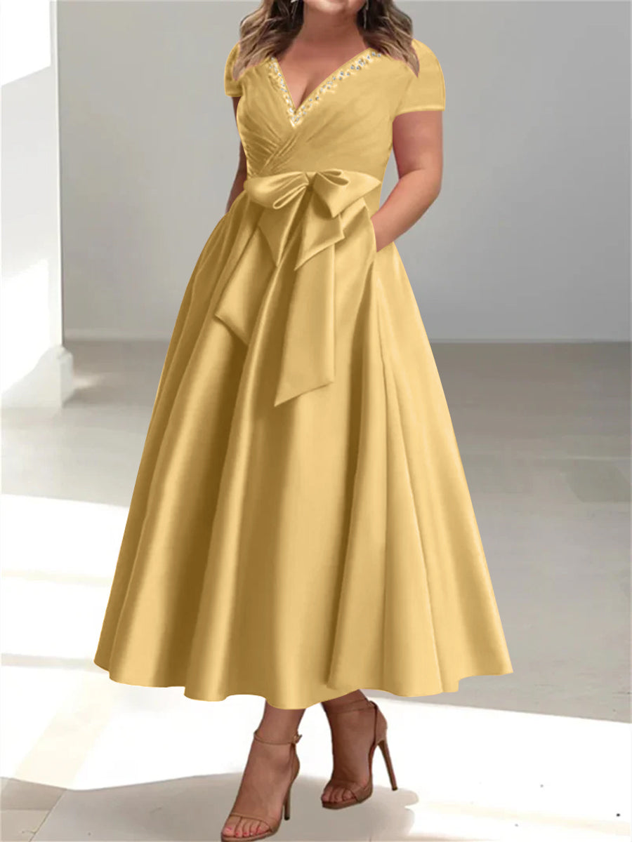 Plus Size Mother of the Bride A Line V Neck Dress with Pockets and Ruffles