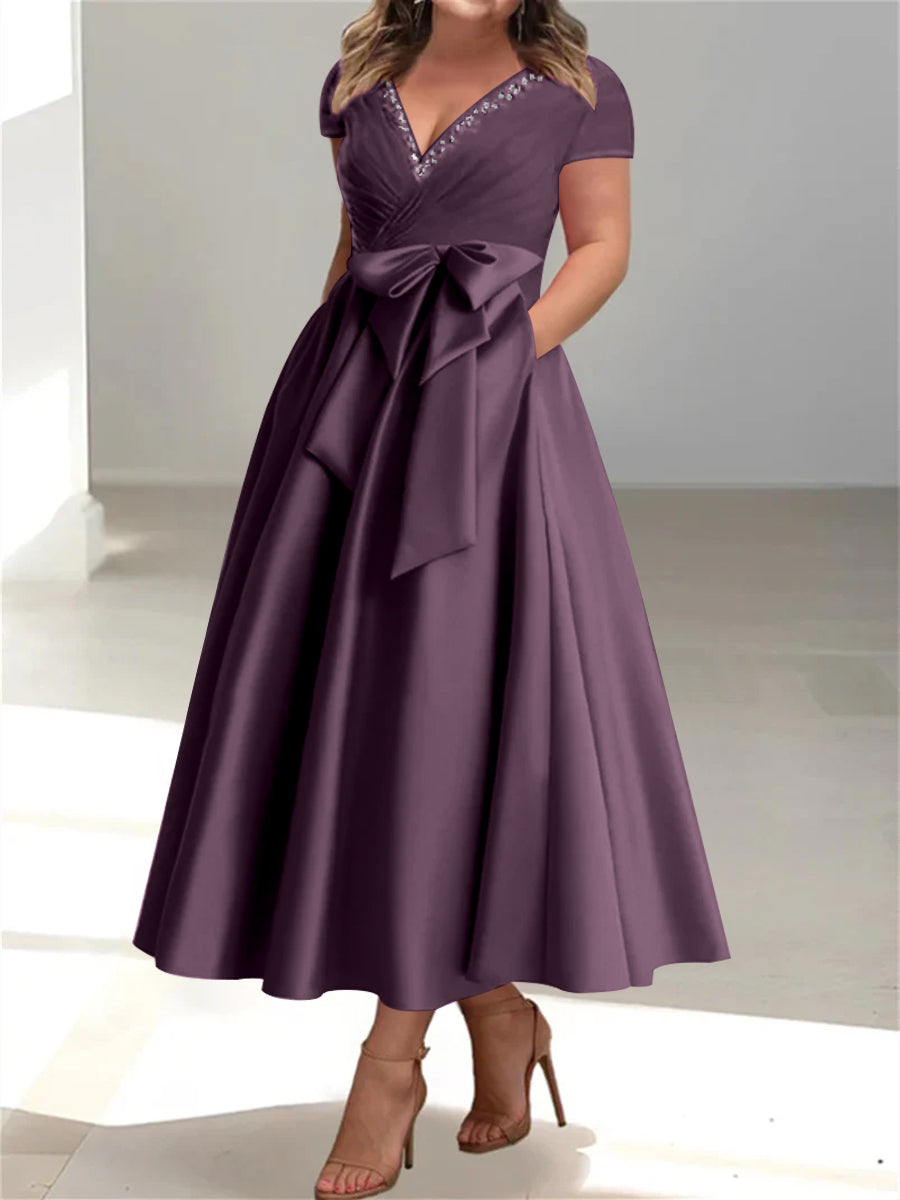 Plus Size Mother of the Bride A Line V Neck Dress with Pockets and Ruffles