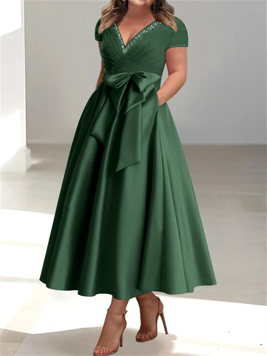 Plus Size Mother of the Bride A Line V Neck Dress with Pockets and Ruffles