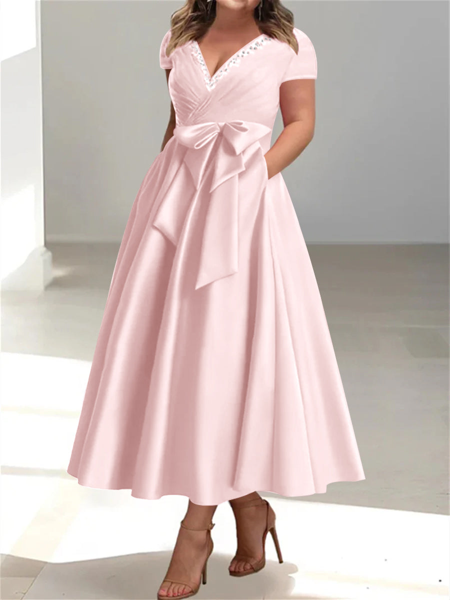 Plus Size Mother of the Bride A Line V Neck Dress with Pockets and Ruffles