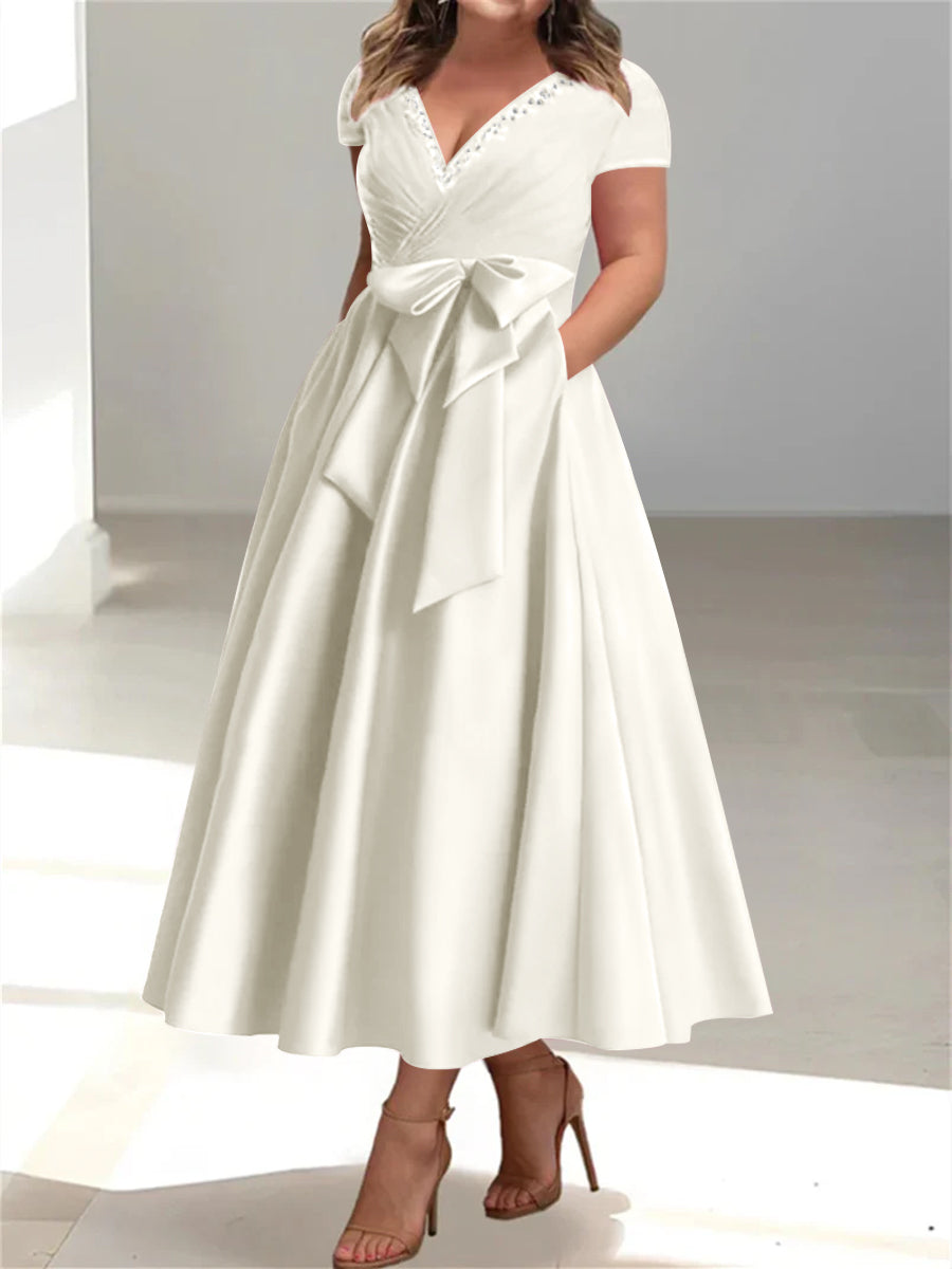 Plus Size Mother of the Bride A Line V Neck Dress with Pockets and Ruffles