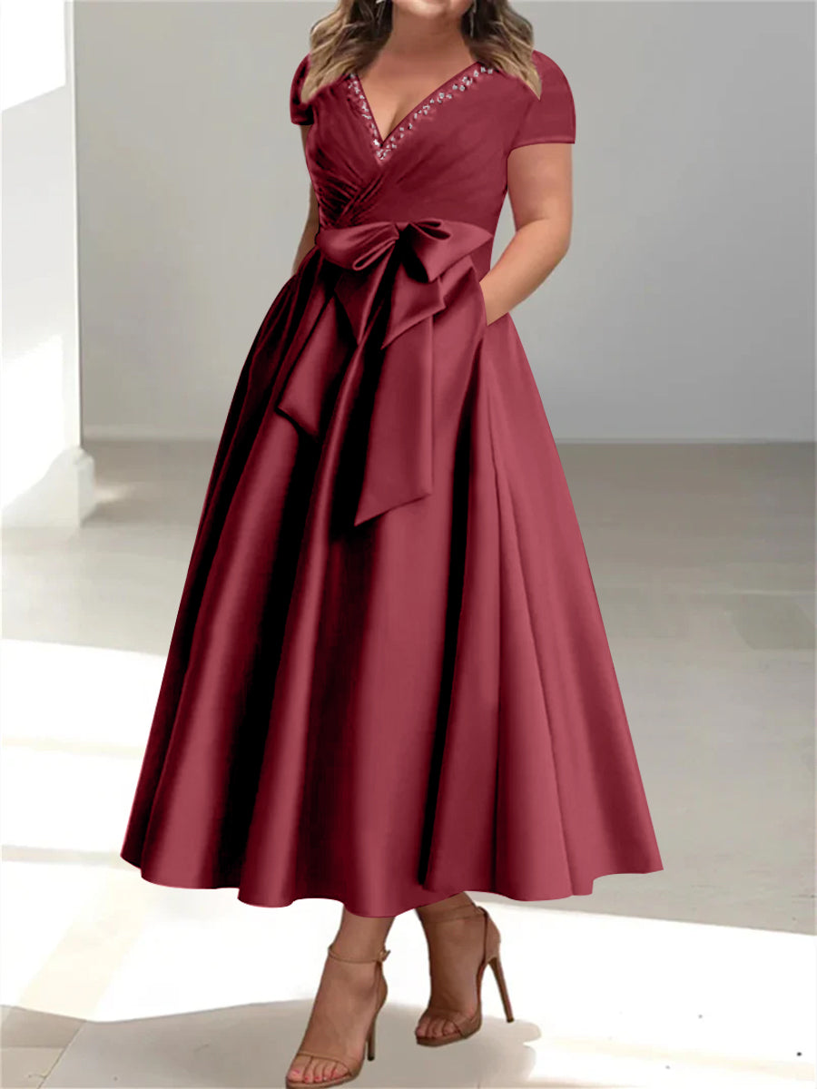 Plus Size Mother of the Bride A Line V Neck Dress with Pockets and Ruffles