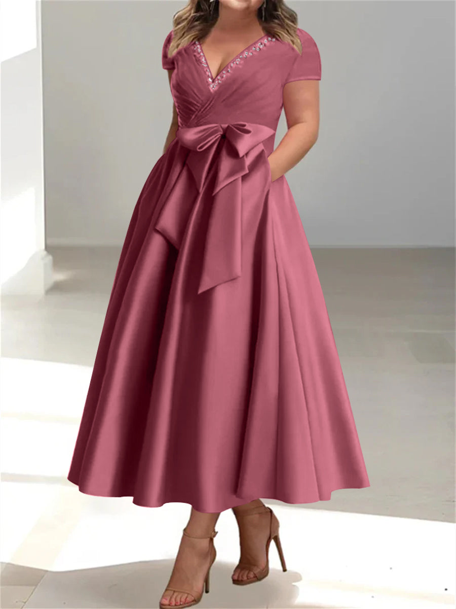 Plus Size Mother of the Bride A Line V Neck Dress with Pockets and Ruffles