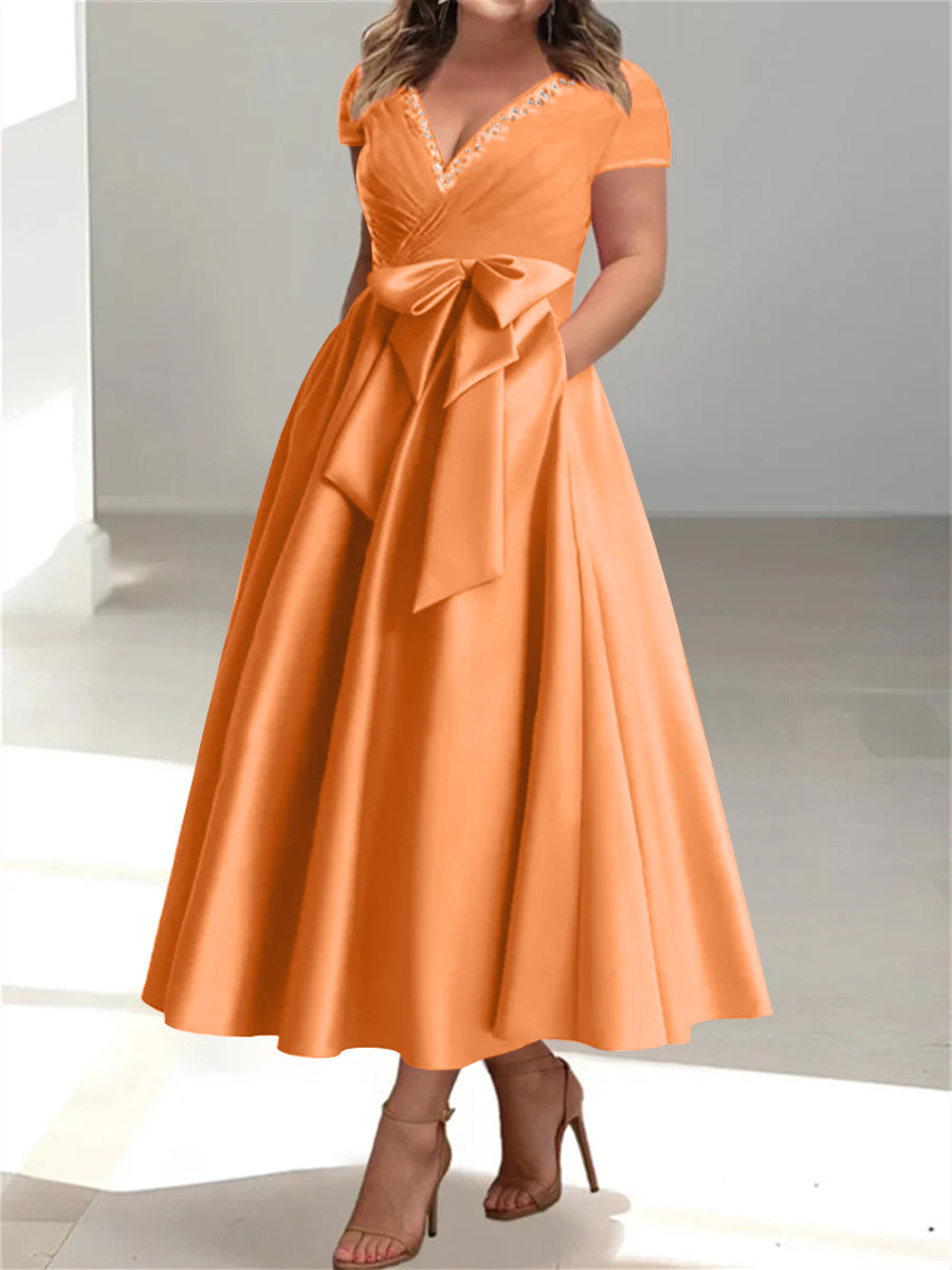 Plus Size Mother of the Bride A Line V Neck Dress with Pockets and Ruffles